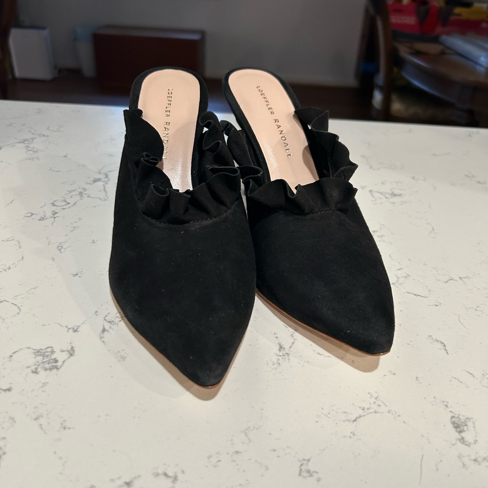 Loeffler Randall Black Ruffle Suede Mules